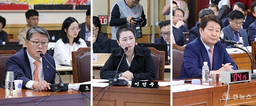 조원진 우리한국당 의원(왼쪽부터)과 무소속 이언주 의원의 질의에 답변하고 있는 권영진 대구시장