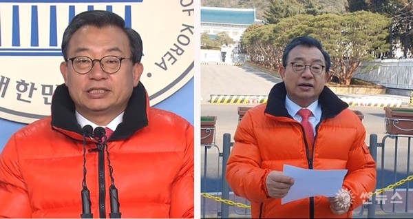 이정현 국회의원이 4일 국회(왼쪽)와 청와대 앞에서 21대 국회의원 선거에 서울 종로 출마를 선언하고 있다