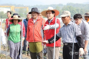 황교안 자유한국당 대표가 충북 제천의 한 농가를 방문해 일손을 돕고 있다